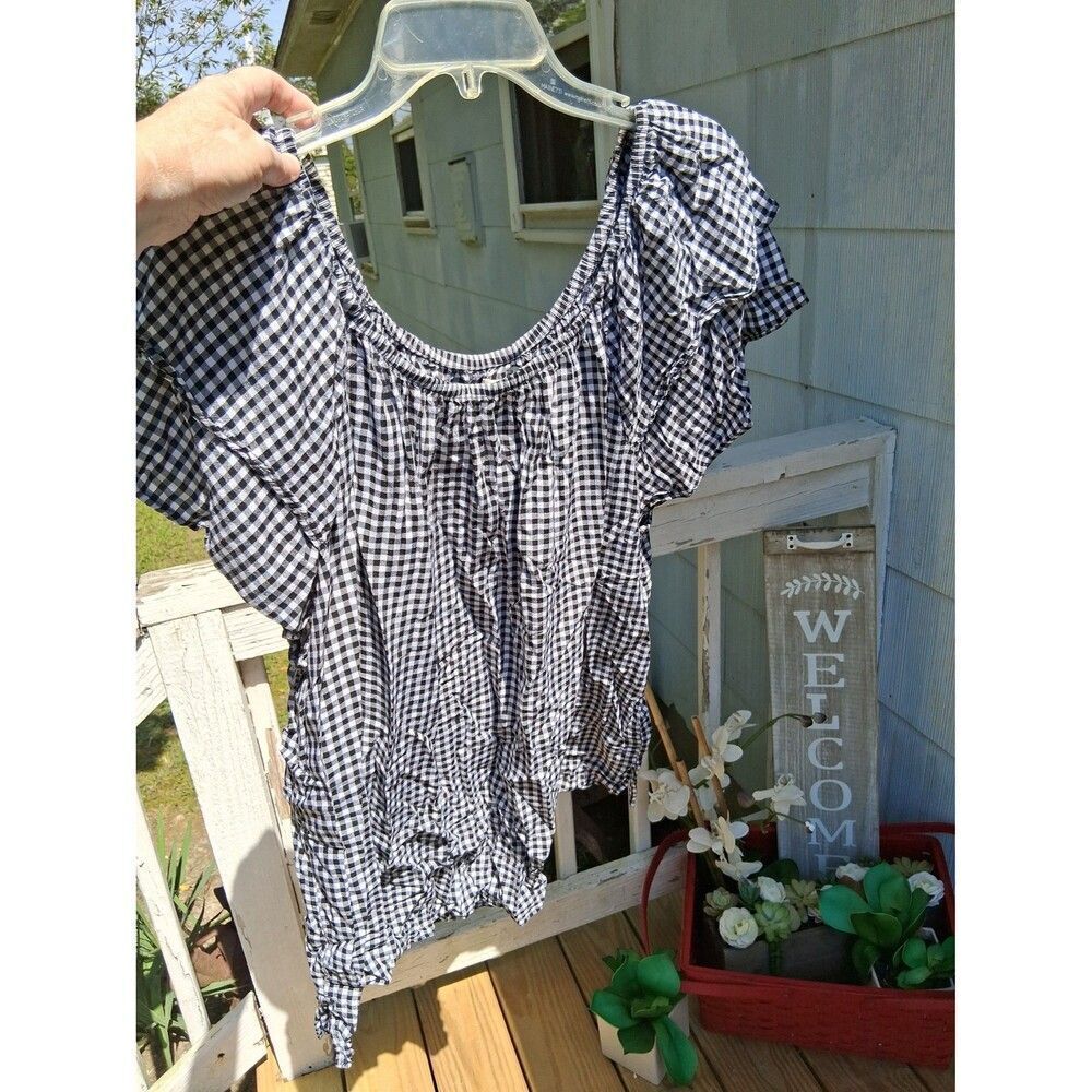 Women's Plus 2X 20W-22W Top Terra & Sky Pullover Black & White Check Cap Sleeves